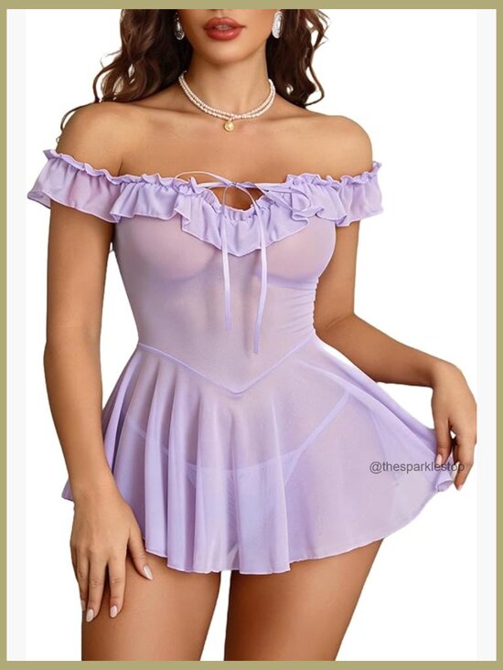 Other - Sheer Mesh Babydoll Chemise with Ruffle Trim, Polyester Spandex Blend